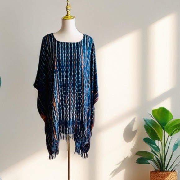 0105/ Dark Blue Navy Tie Dye Poncho, Oversized Top - Picture 2 of 8